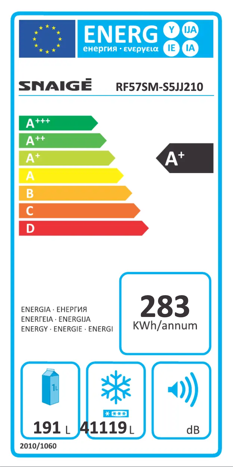 Page 1 de la notice Label énergétique Snaigė Fresh INN RF57SM-S5JJ2F0