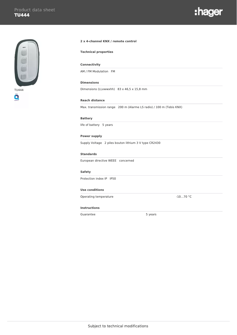 Page 1 of the manual Technical Sheet Hager TU444