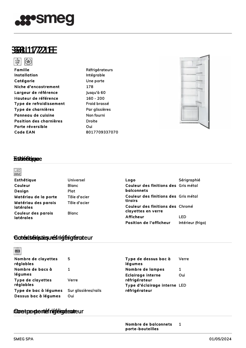 Page 1 de la notice Fiche technique Smeg S8L1721E