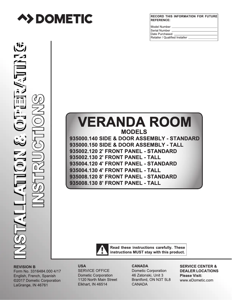 Page n°1 - Manuel utilisateur Dometic Veranda Room
