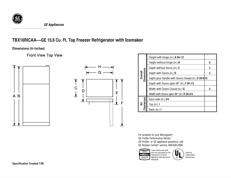 Página 1 del manual Ficha técnica GE TBX16RICLAA