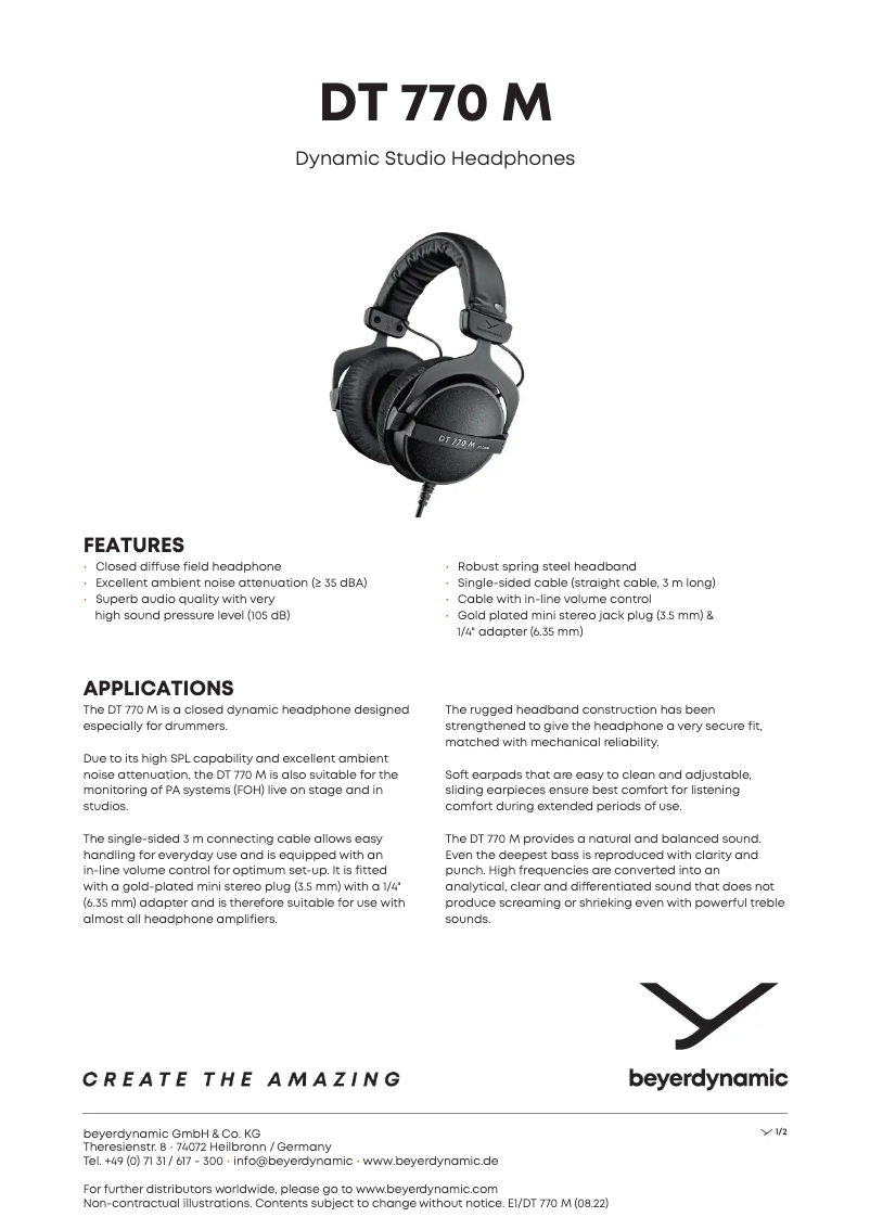 Page 1 de la notice Fiche technique Beyerdynamic DT 770 M