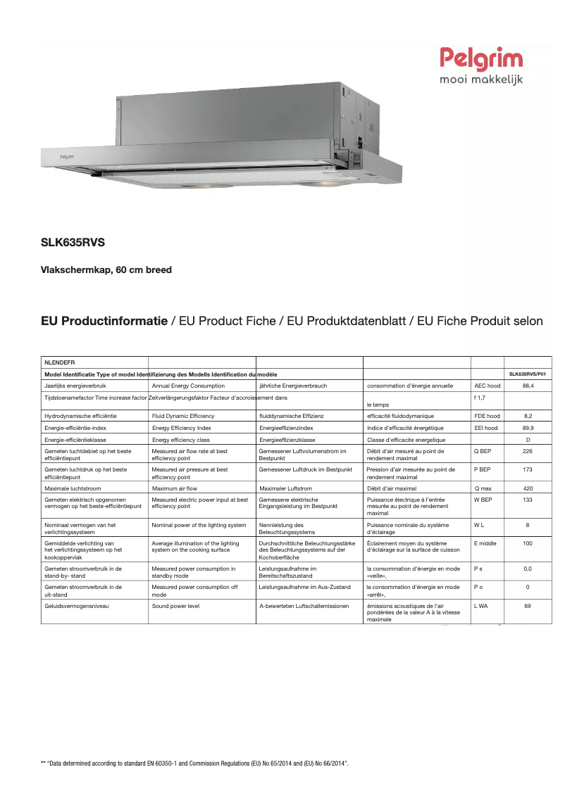 Page 1 de la notice Fiche technique Pelgrim SLK635RVS