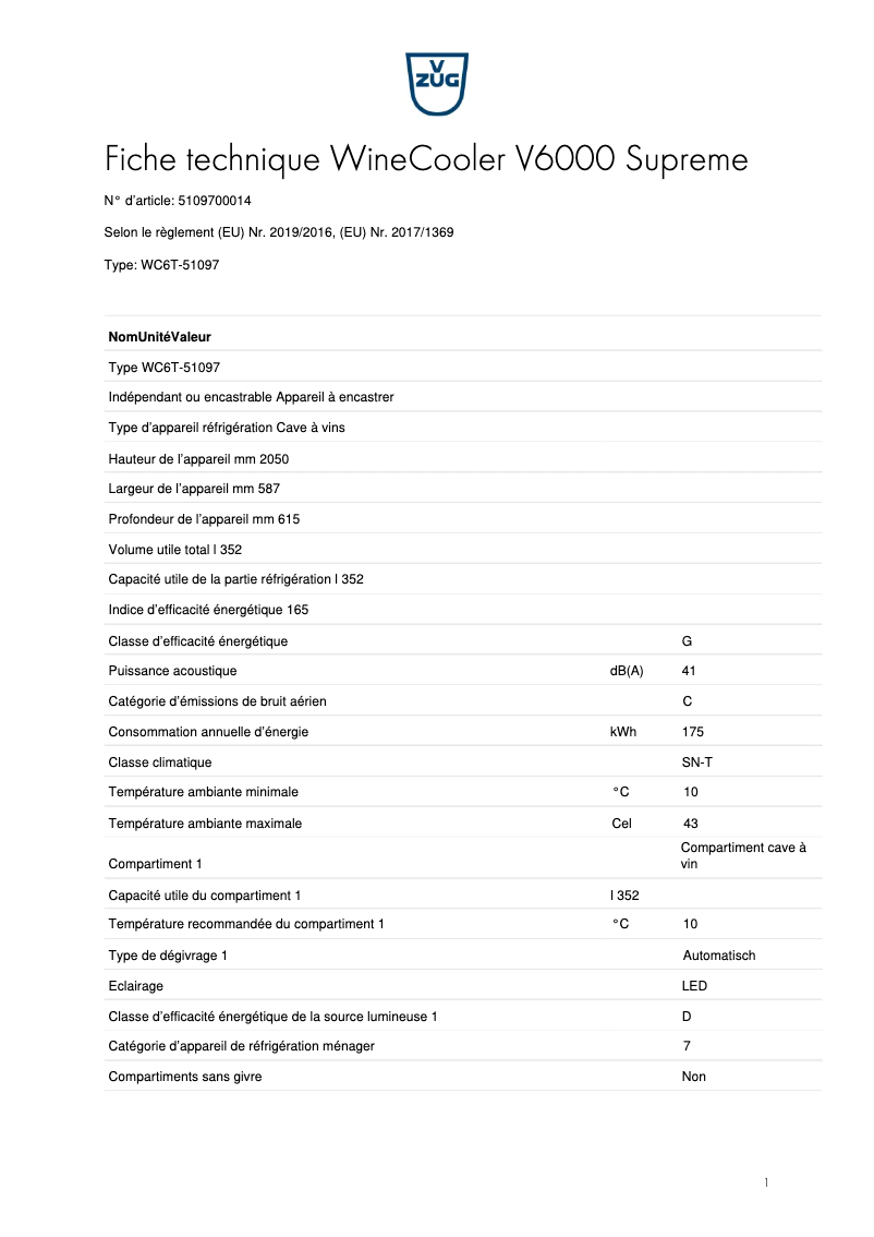 Page 1 de la notice Fiche technique V-Zug WineCooler V6000 Supreme