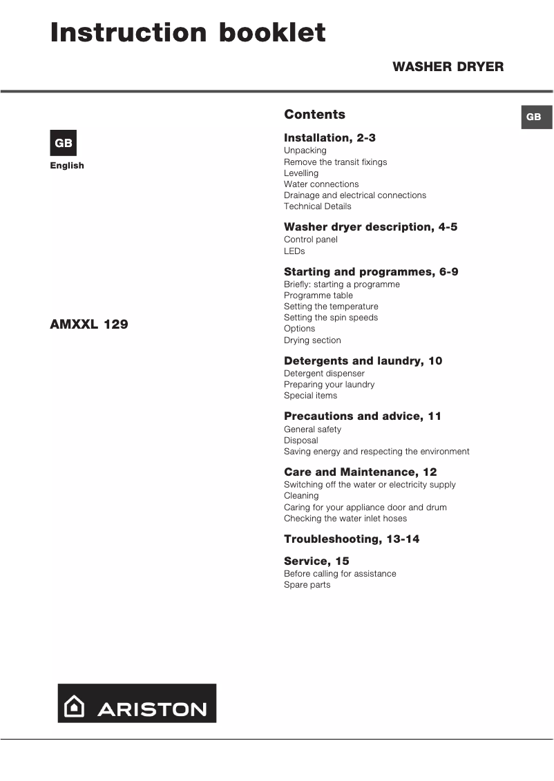 Page n°1 - Manuel utilisateur Hotpoint Ariston AMXXL 129