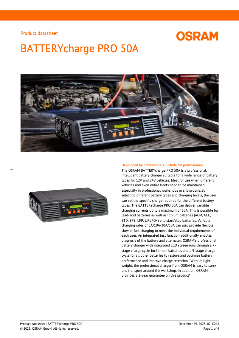 Page 1 de la notice Fiche technique Osram BATTERYcharge PRO 50A