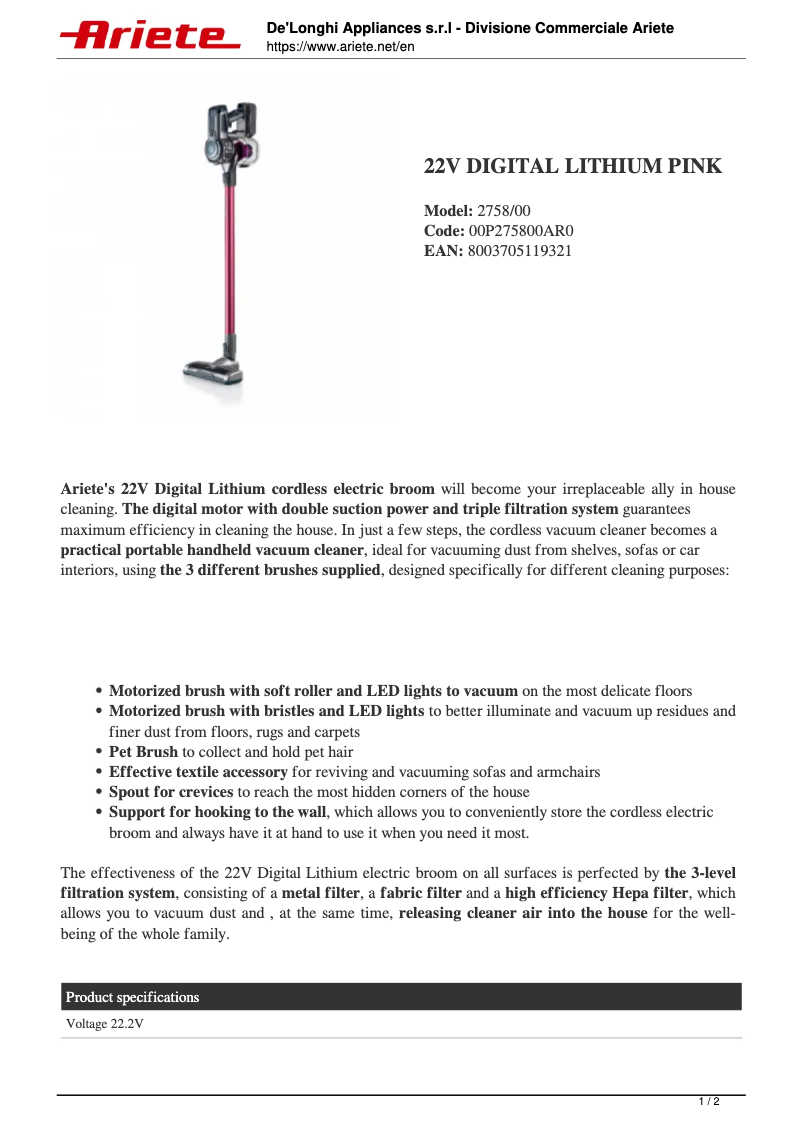 Page n°1 - Fiche technique Ariete 22V Digital Lithium 2758