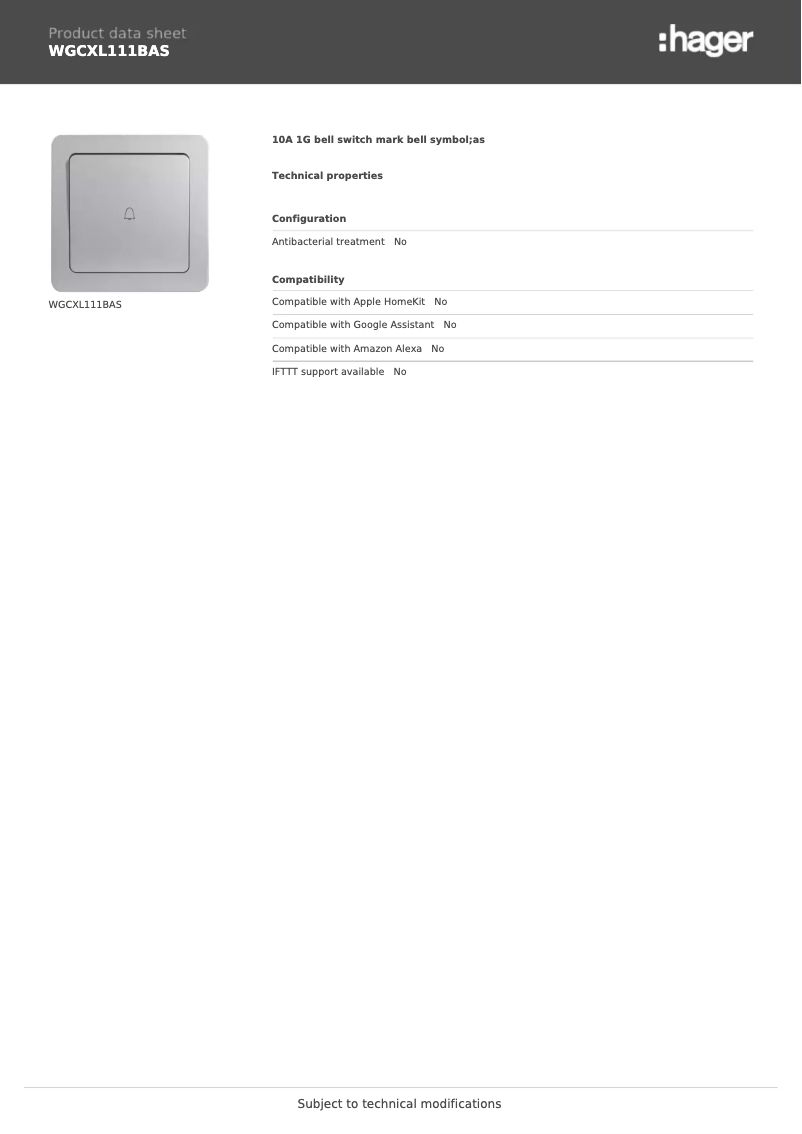 Page 1 de la notice Fiche technique Hager WGCXL111BAS