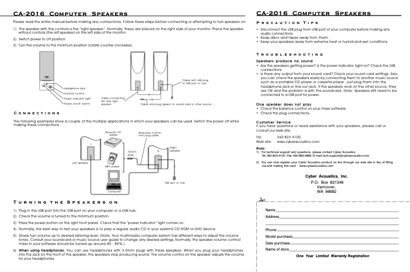 Page 1 de la notice Manuel utilisateur Cyber Acoustics CA-2016WB