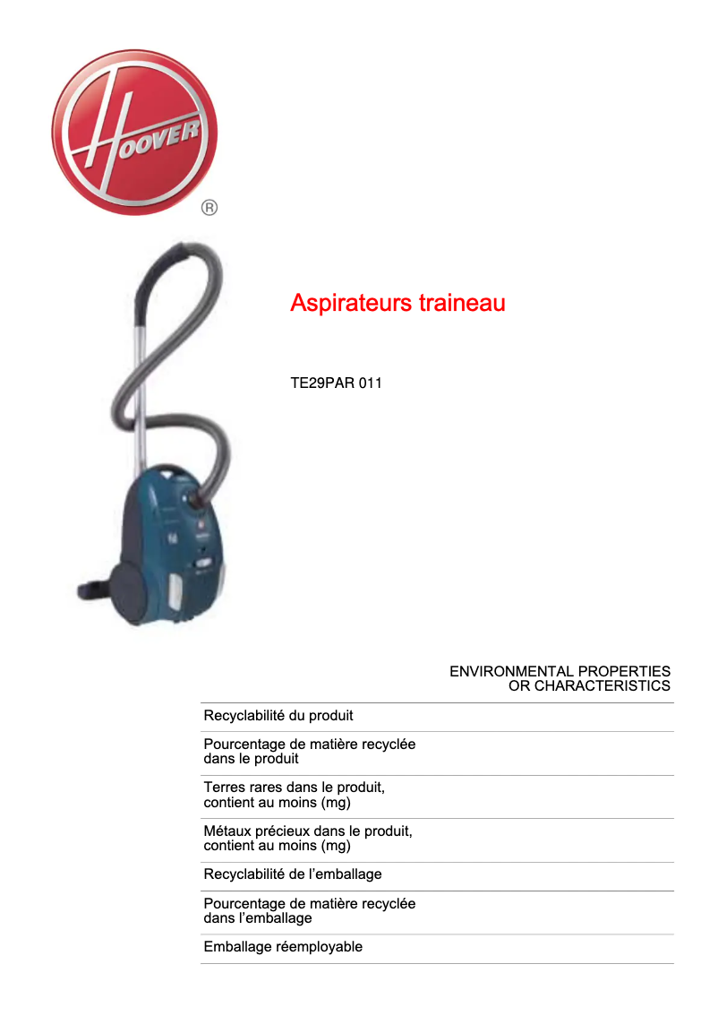 Page n°1 - Fiche technique Hoover Telios Plus TE29PAR 011