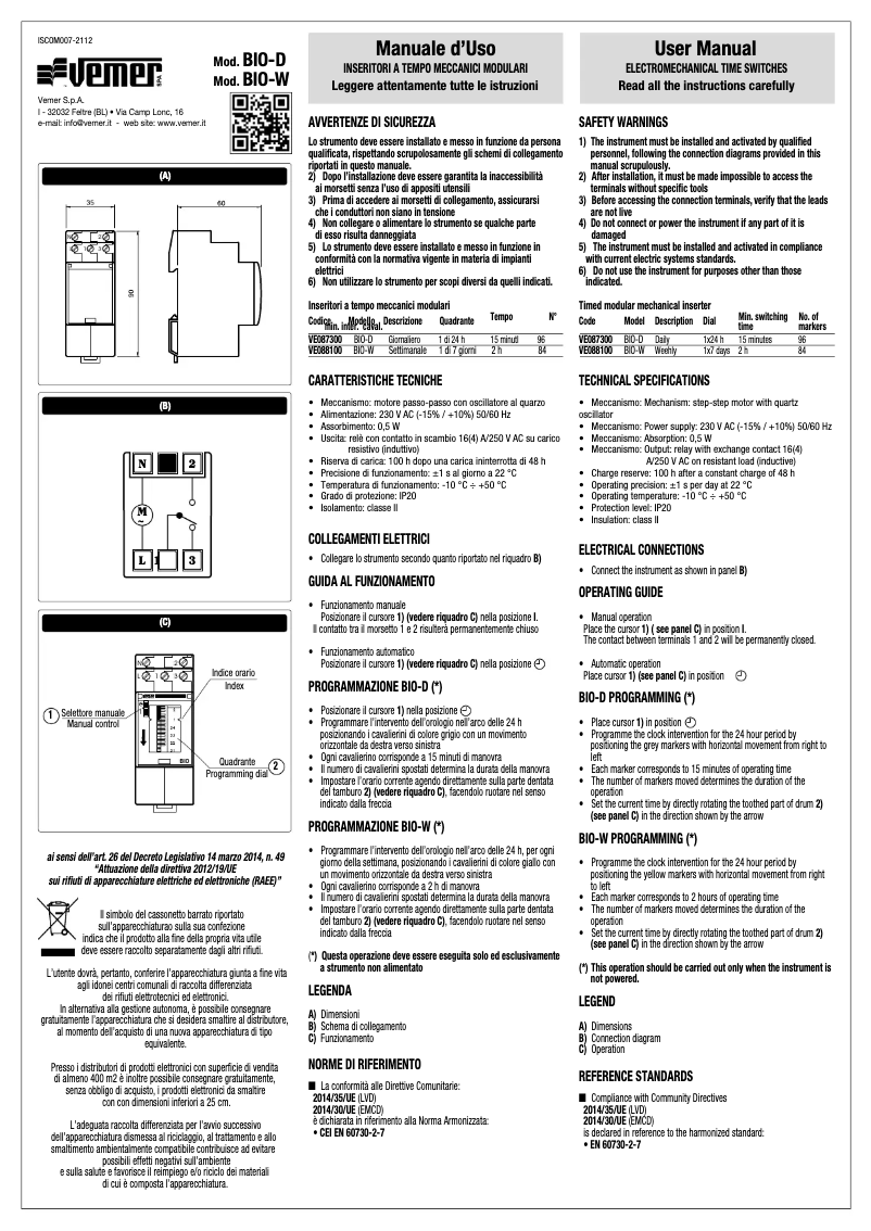 Page 1 de la notice Manuel utilisateur Vemer BIO-D