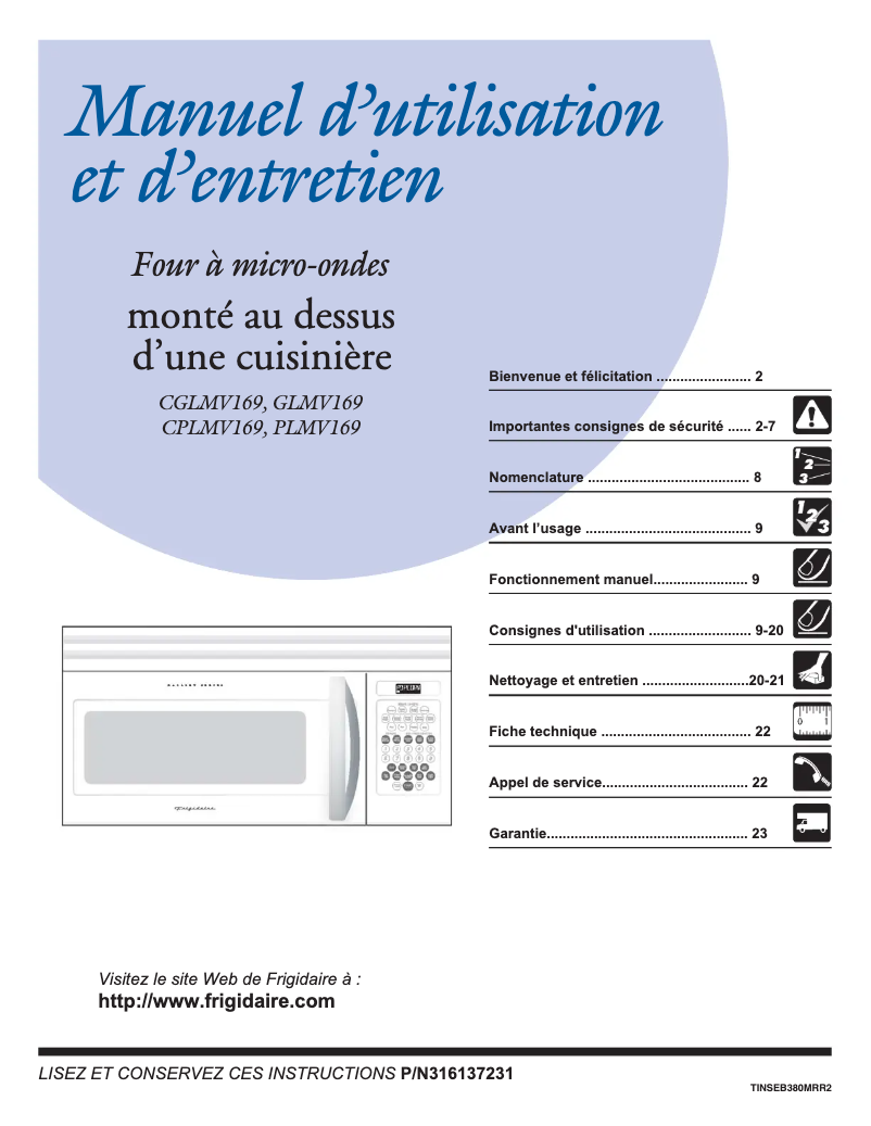Page n°1 - Manuel utilisateur Frigidaire GLMV169FPB