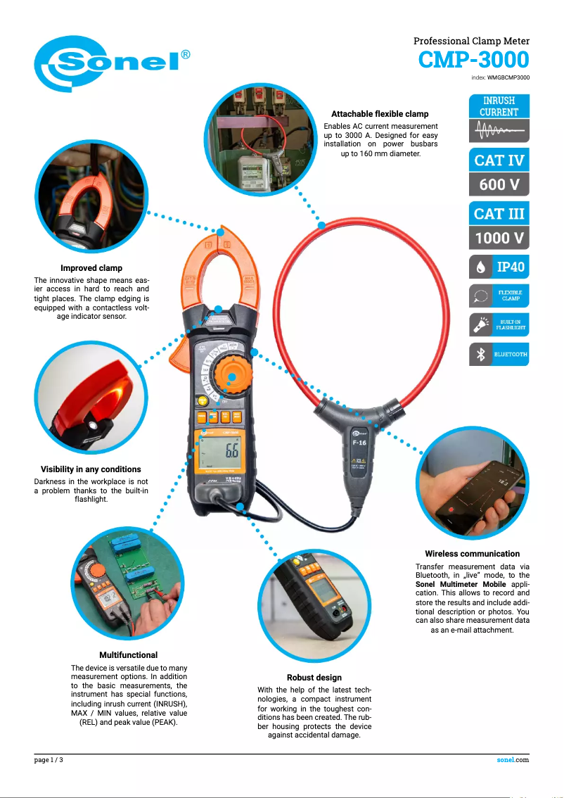Page 1 de la notice Fiche technique Sonel CMP-3000