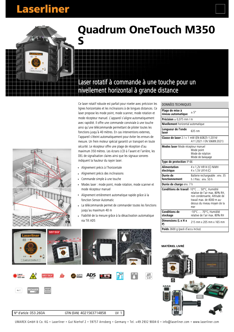 Page 1 of the manual Technical Sheet Laserliner Quadrum OneTouch M350 S
