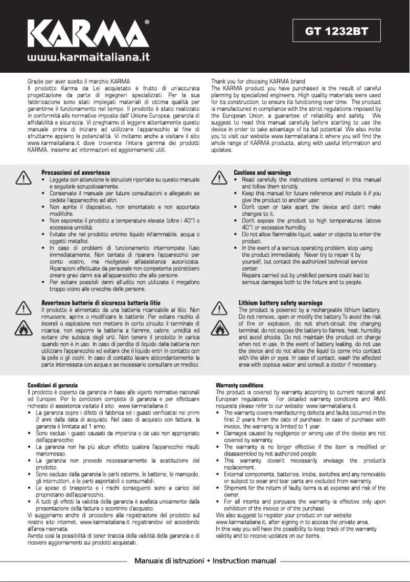 Page 1 de la notice Manuel utilisateur Karma GT 1232BT