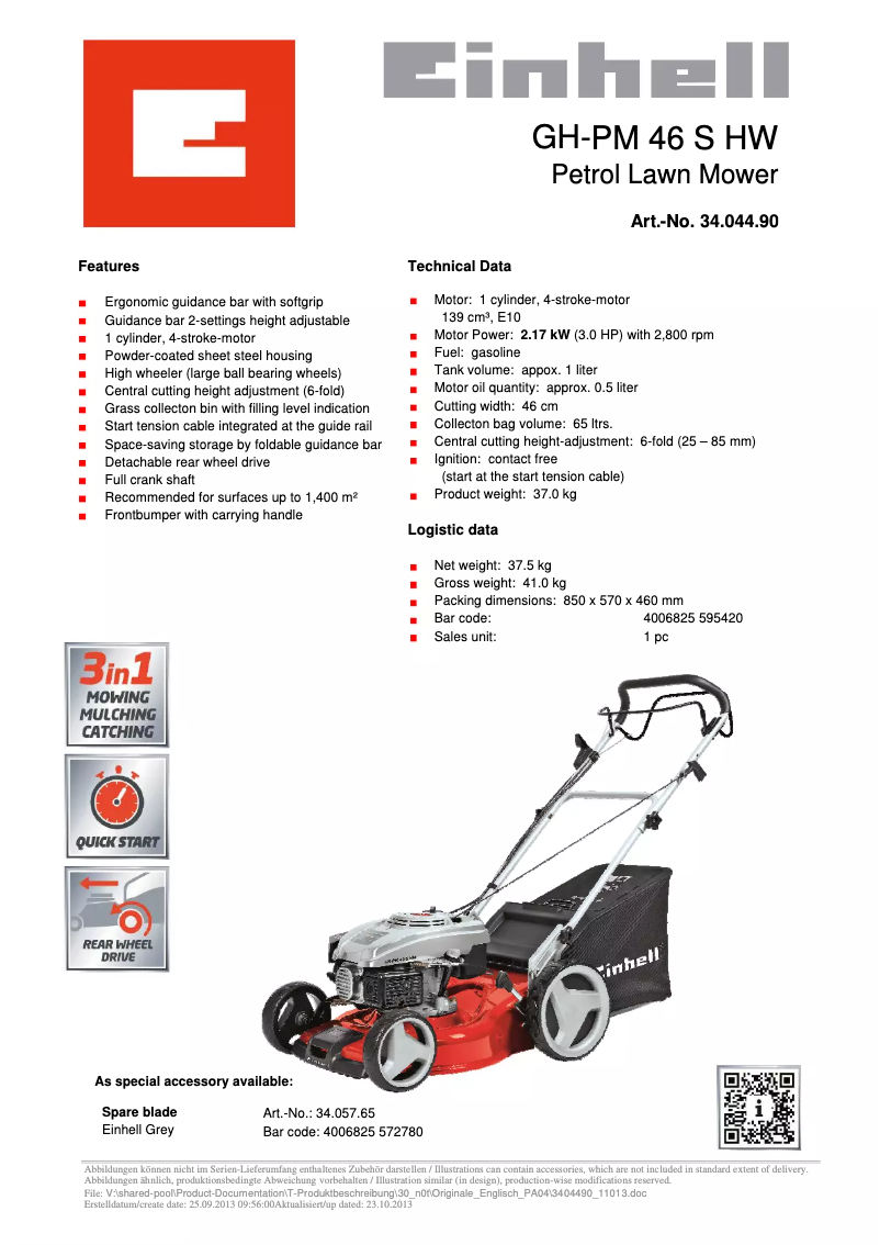 Page 1 de la notice Fiche technique Einhell GH-PM 46 S HW