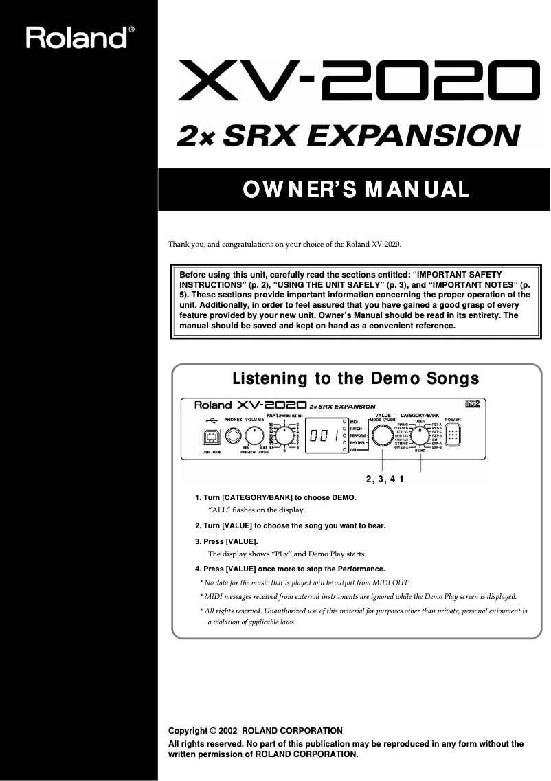 Page n°1 - Manuel utilisateur Roland XV-2020