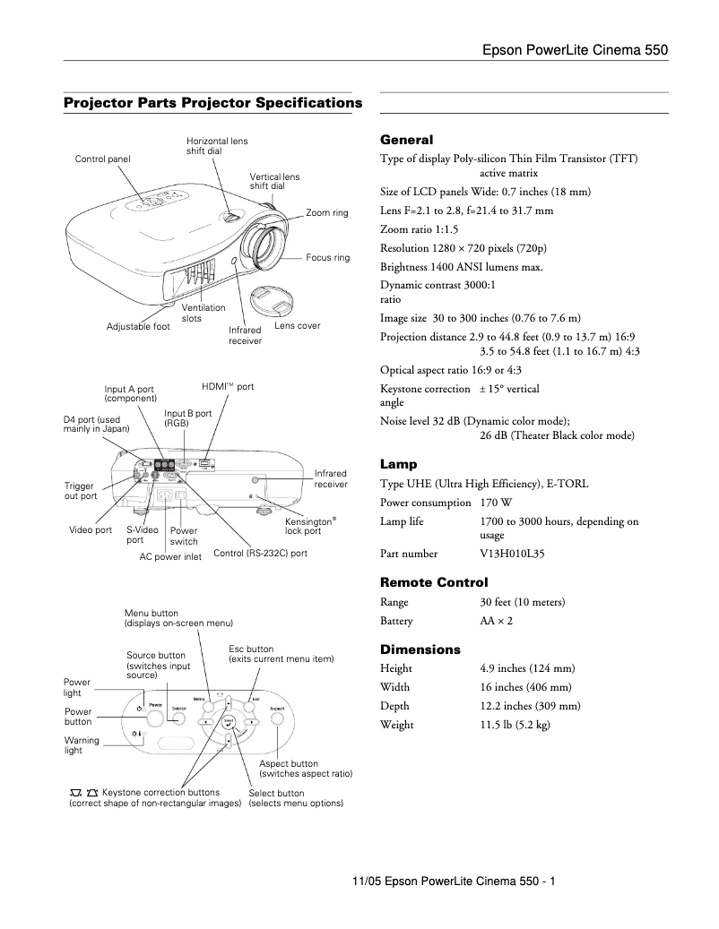 Página 1 del manual Ficha técnica Epson PowerLite Cinema 550