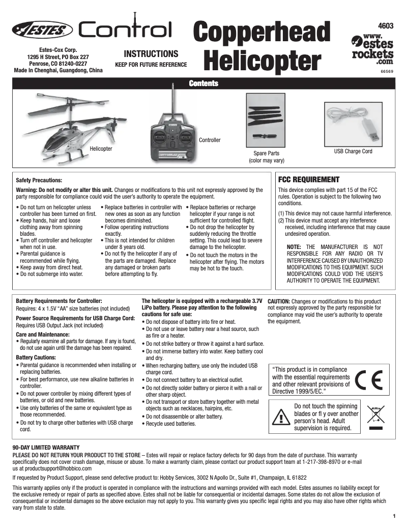 Page 1 de la notice Manuel utilisateur Estes Copperhead Helicopter