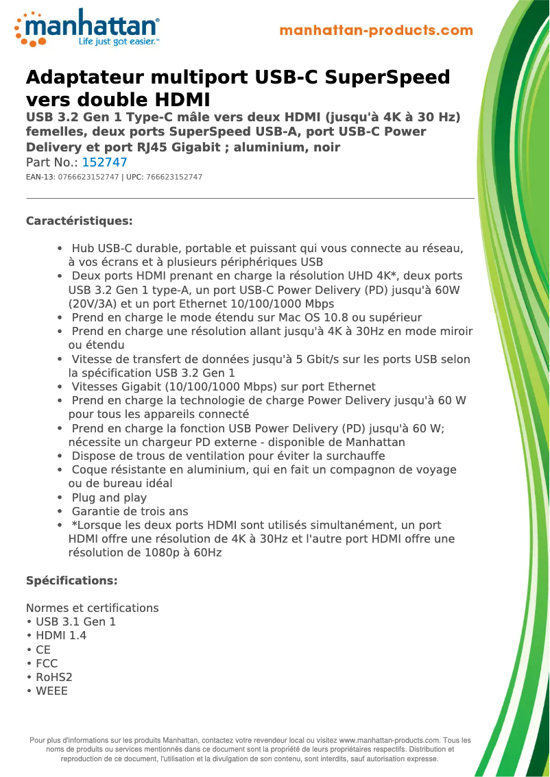 Page 1 de la notice Manuel utilisateur Manhattan 152747