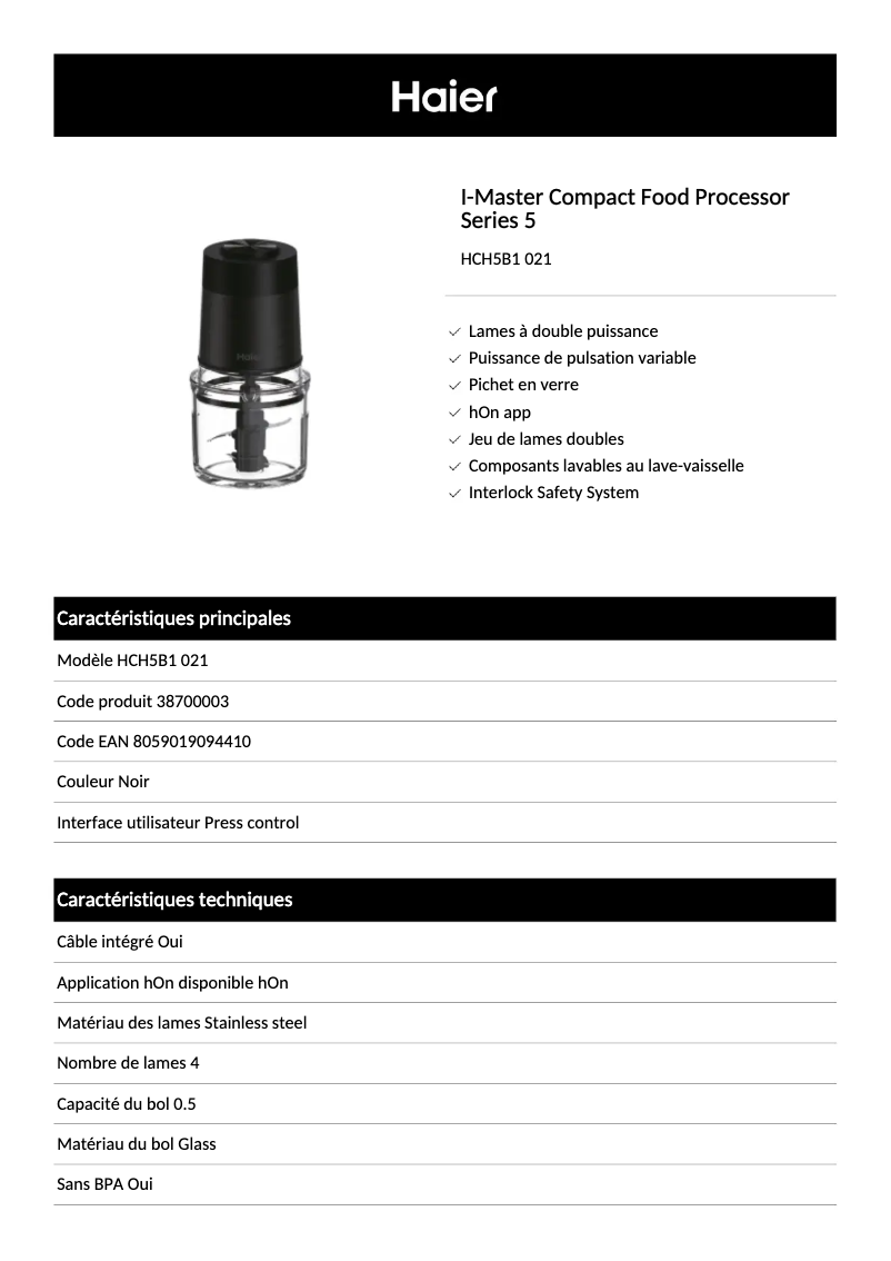 Page n°1 - Fiche technique Haier HCH5B1 021