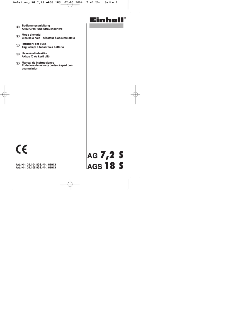 Page 1 de la notice Manuel utilisateur Einhell AGS 7,2