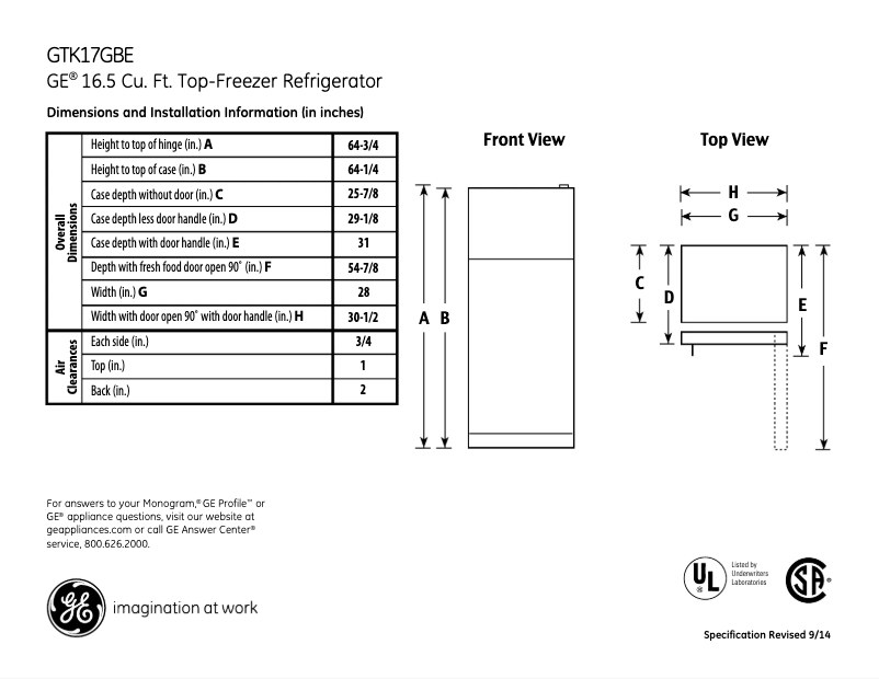 Page n°1 - Fiche technique GE GTK17GBEBS