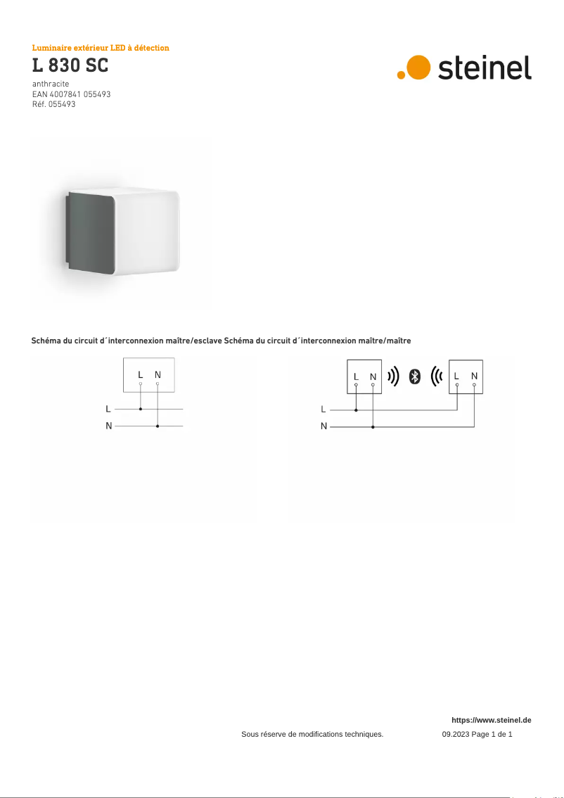 Page 1 de la notice Schéma de câblage Steinel L 830 SC