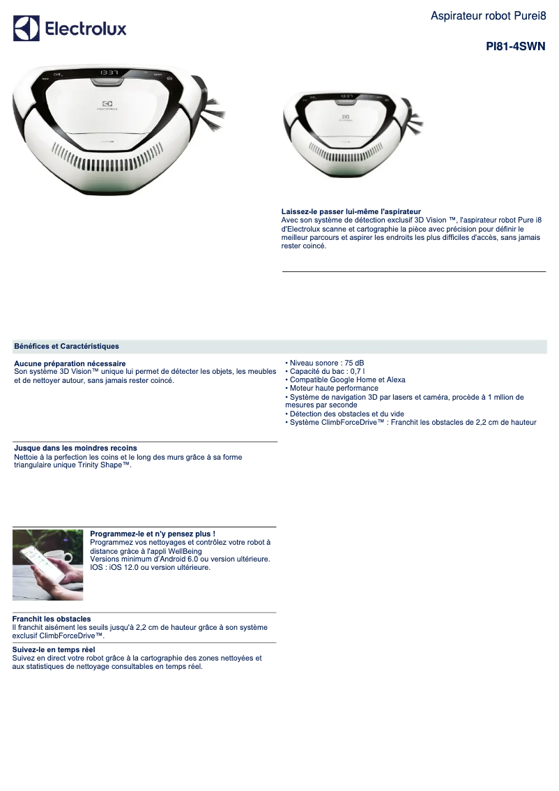 Page 1 de la notice Fiche technique Electrolux Purei8 PI81-4SWN