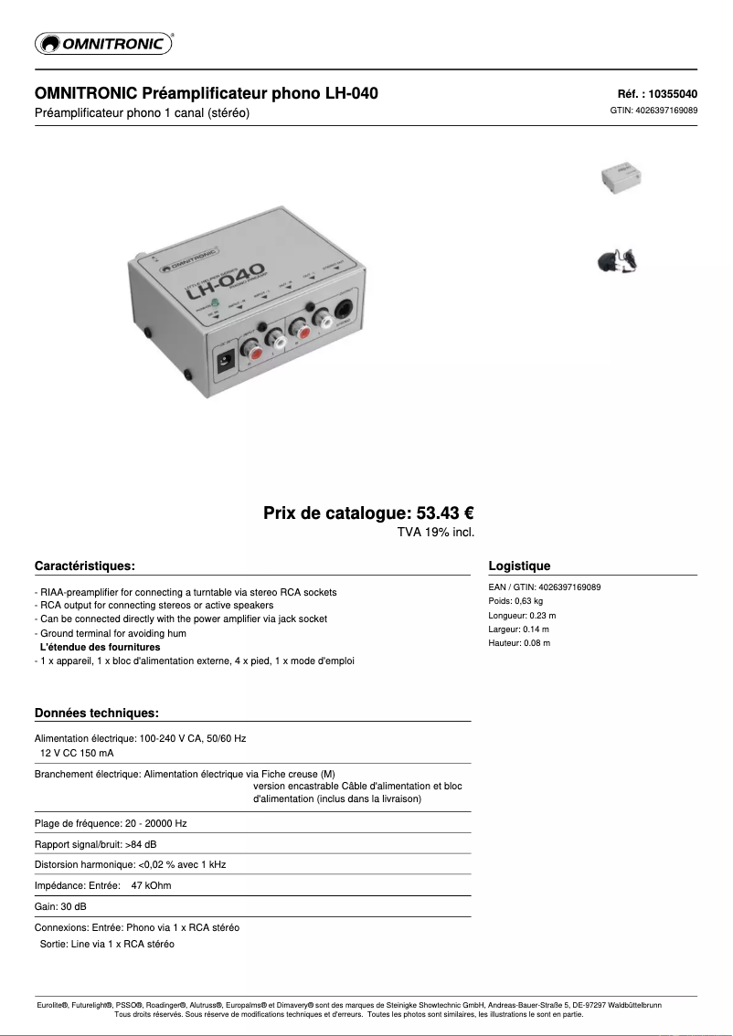 Page 1 de la notice Fiche technique Omnitronic LH-040