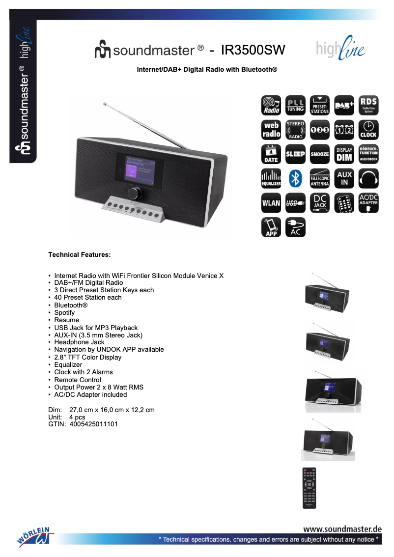 Page 1 de la notice Fiche technique Soundmaster IR3500