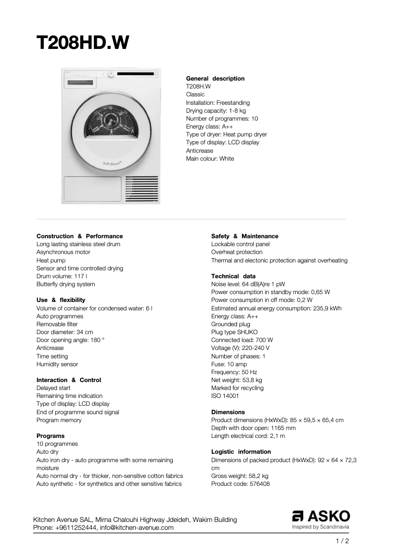 Page n°1 - Fiche technique Asko T208HD