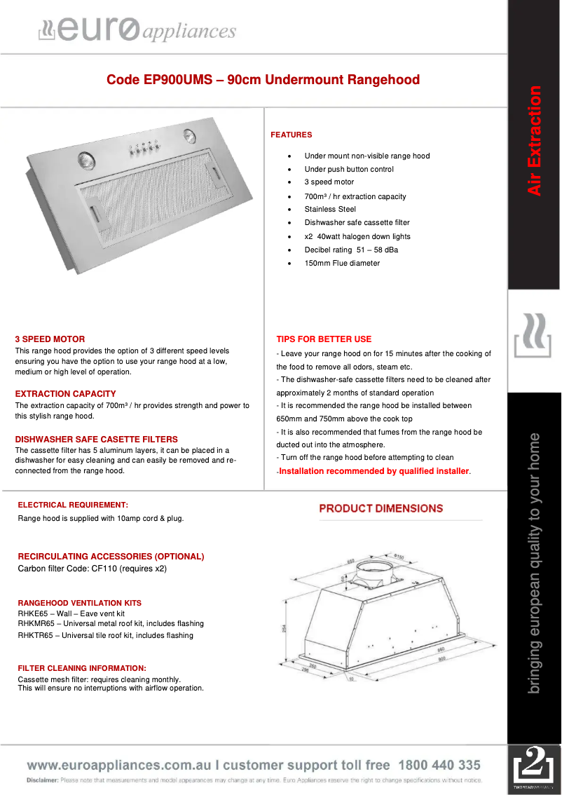 Page 1 de la notice Fiche technique Euro Appliances EP900UMS
