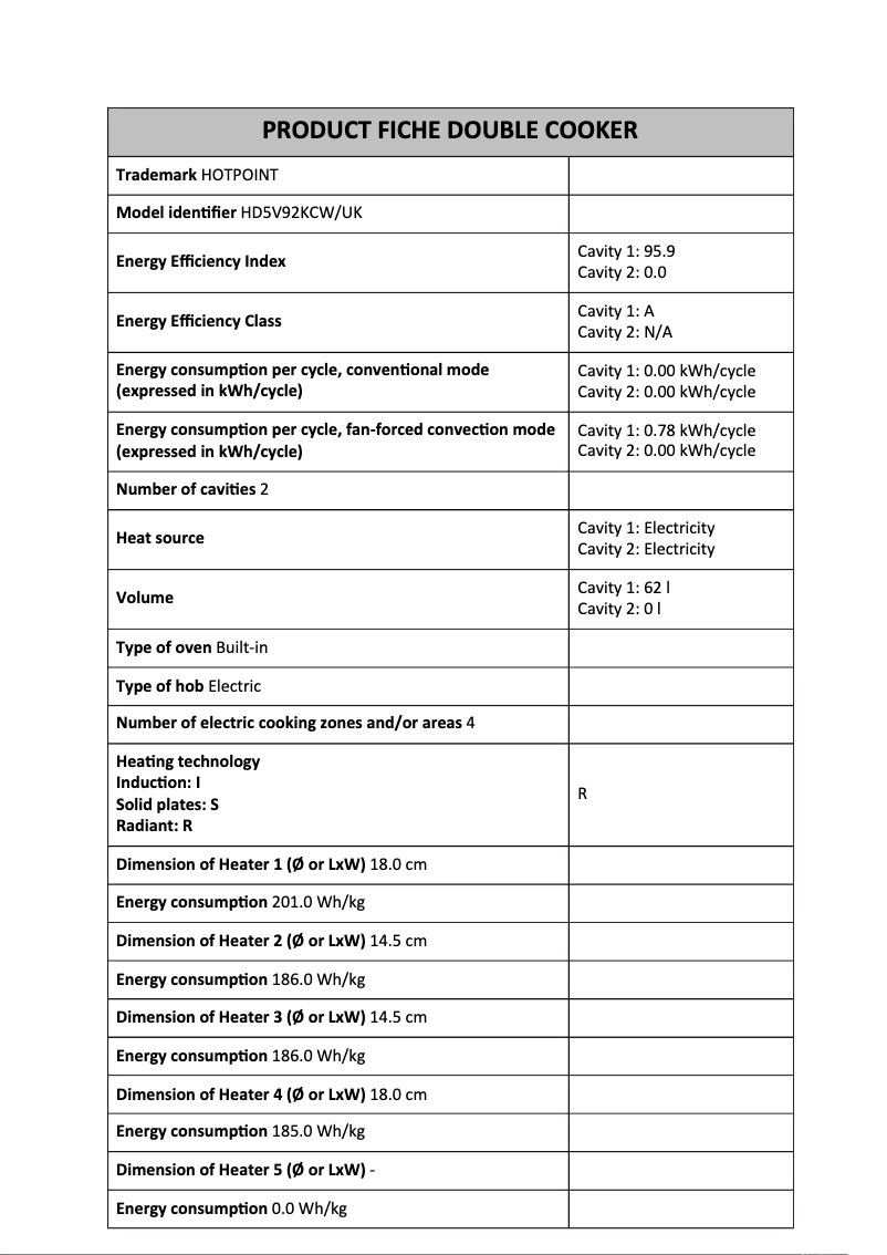 Page 1 de la notice Fiche technique Hotpoint HD5V92KCW/UK