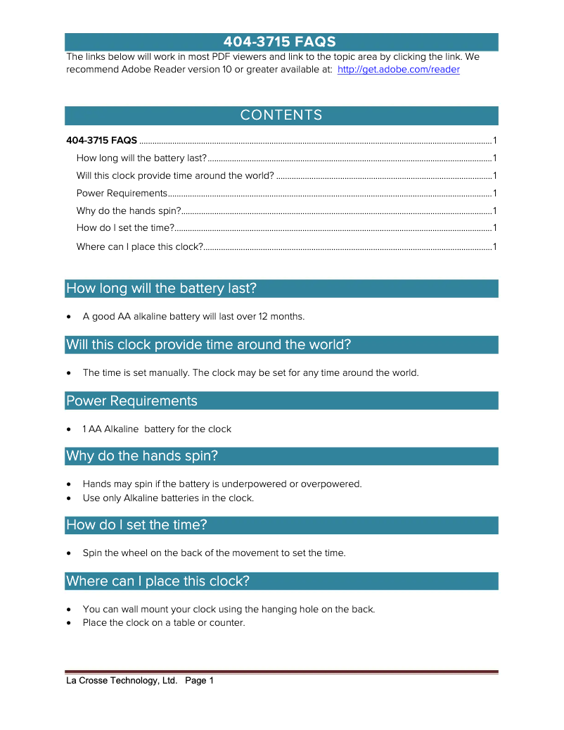 Page 1 de la notice FAQ La Crosse Technology 404-3715