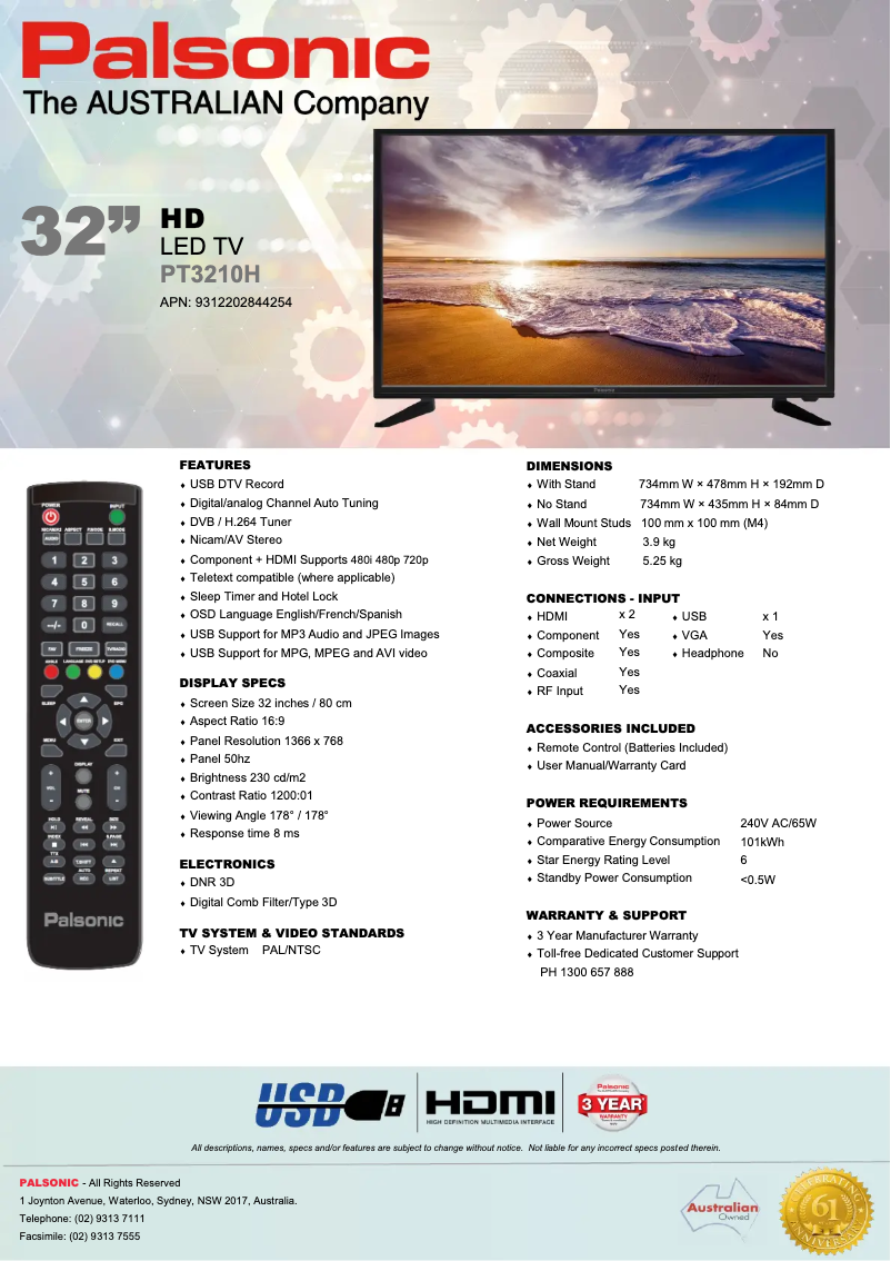 Page 1 de la notice Fiche technique Palsonic PT3210H