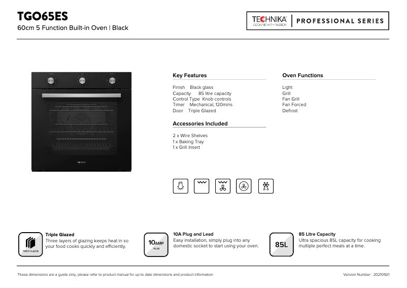 Page 1 de la notice Fiche technique Technika TGO65ES
