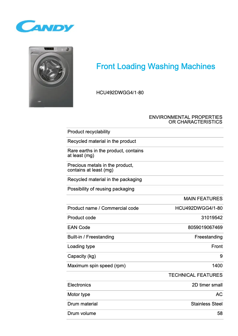 Page 1 de la notice Fiche technique Candy HCU492DWGG4/1-80