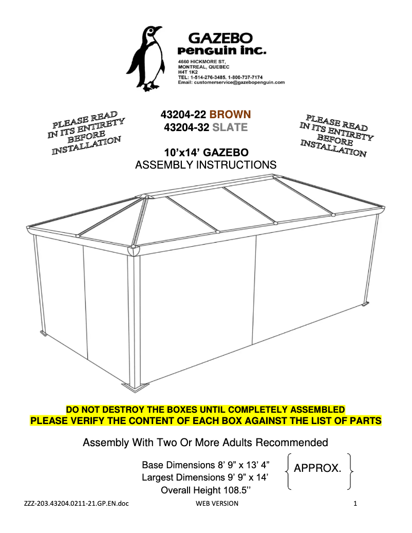 Page n°1 - Manuel utilisateur Gazebo Penguin 43204-22