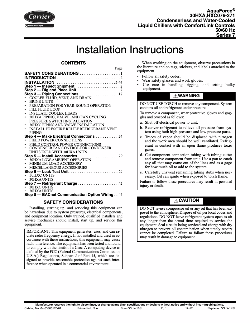 Image de la première page du manuel de l'appareil AquaForce 30HXC