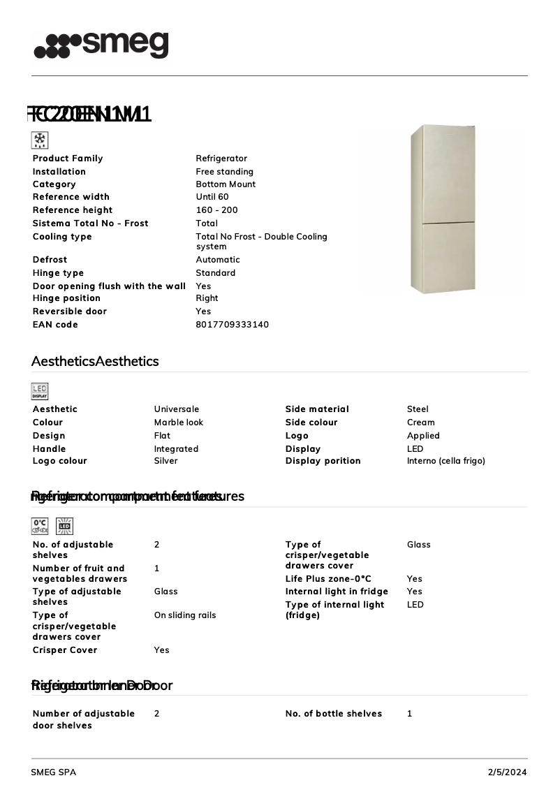 Page 1 de la notice Fiche technique Smeg FC20EN1M1