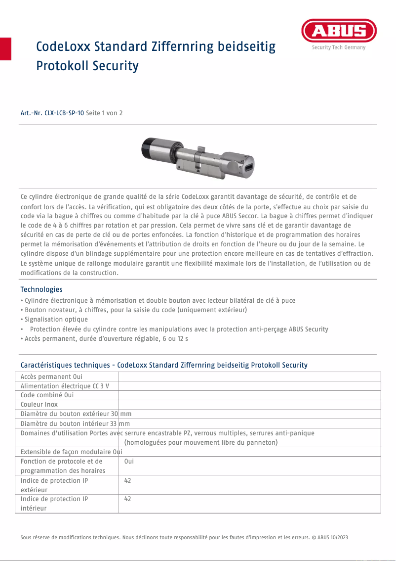 Page n°1 - Fiche technique Abus CLX-LCB-SP-10