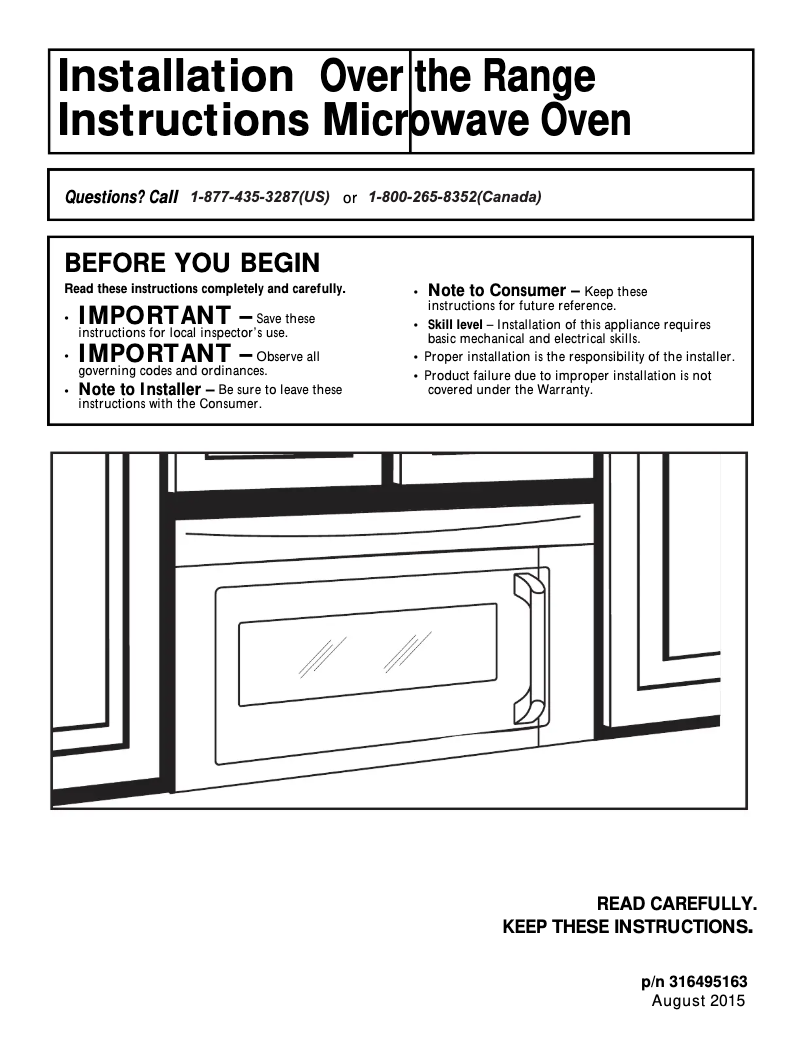 Page 1 de la notice Guide d'installation Frigidaire FPBM307NTF