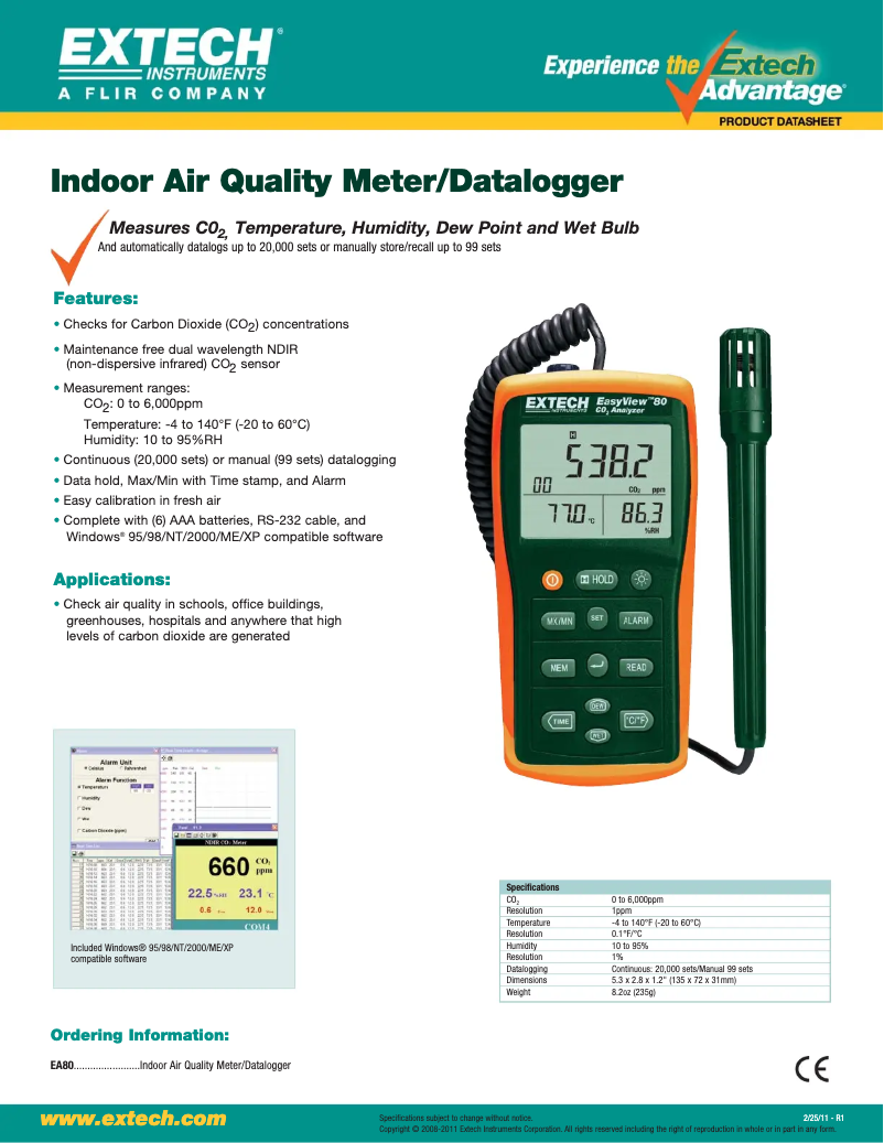 Page 1 de la notice Fiche technique Extech EA80