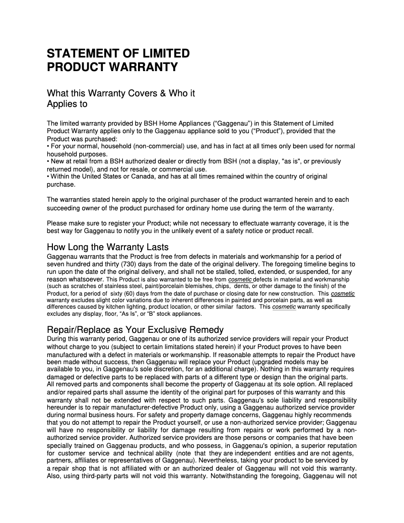 Page n°1 - Informations de garantie Gaggenau RC492705