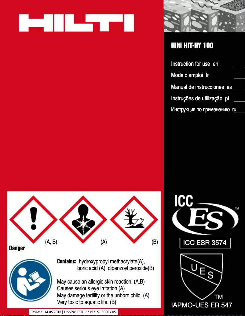 Page 1 de la notice Instructions / montage Hilti HIT-HY 100