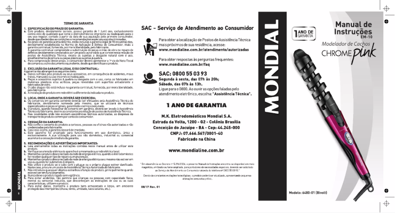 Page 1 de la notice Manuel utilisateur Mondial Chrome Pink EM-10