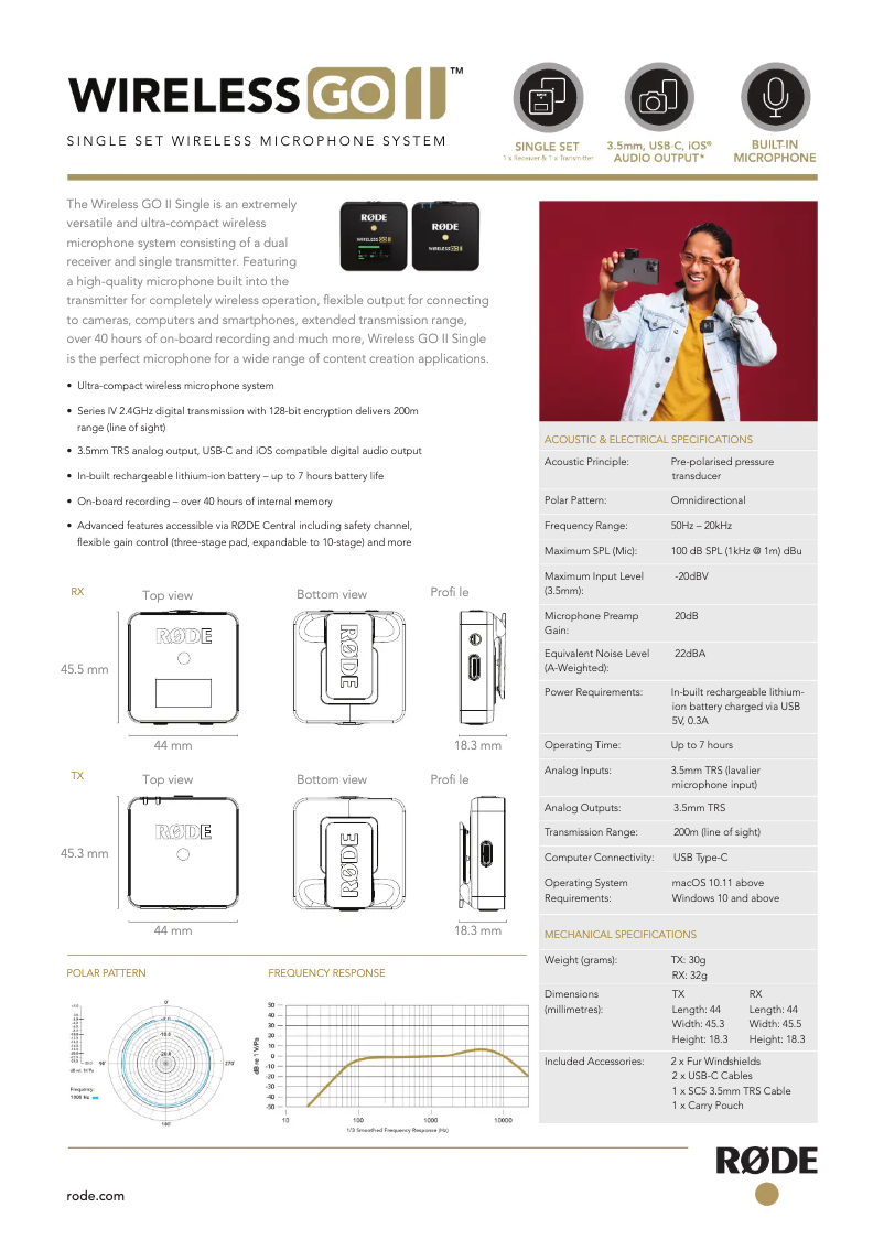 Page 1 de la notice Fiche technique Røde Wireless GO II
