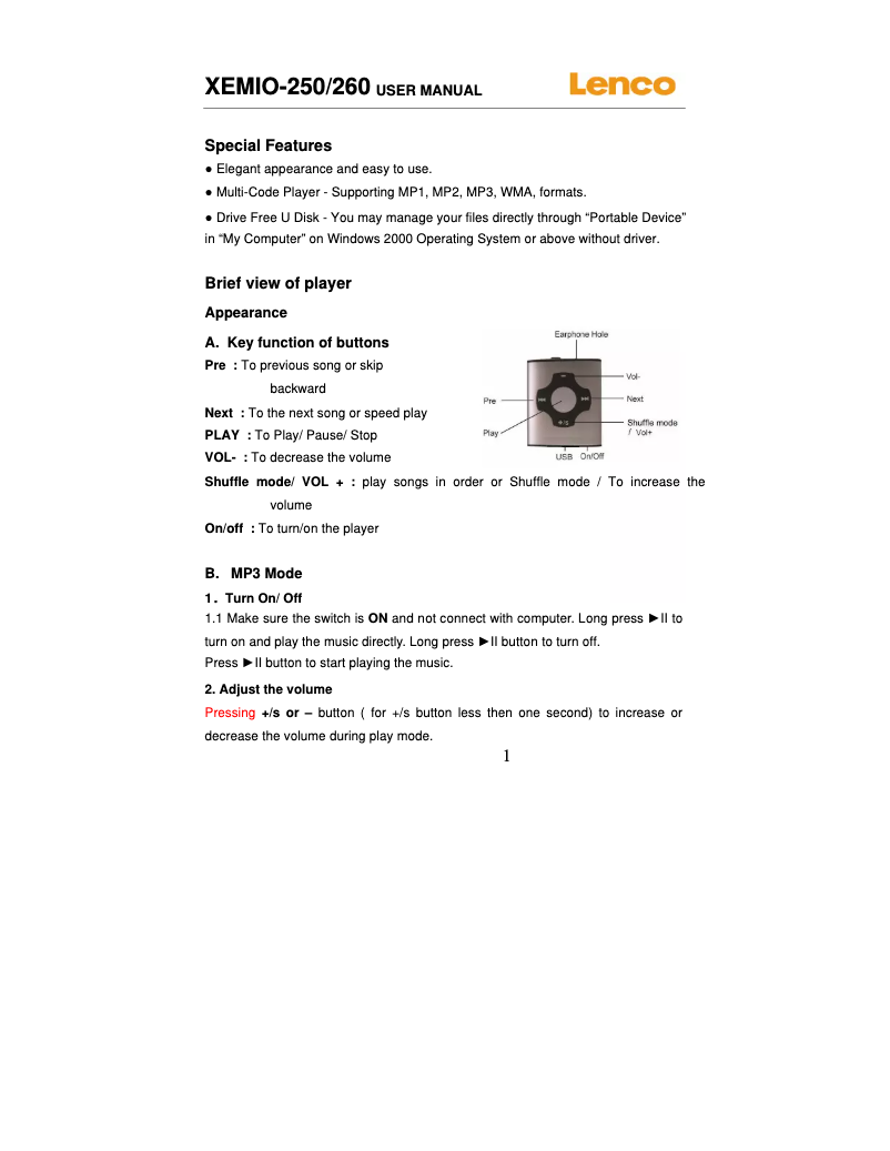 Page 1 de la notice Manuel utilisateur Lenco Xemio-260