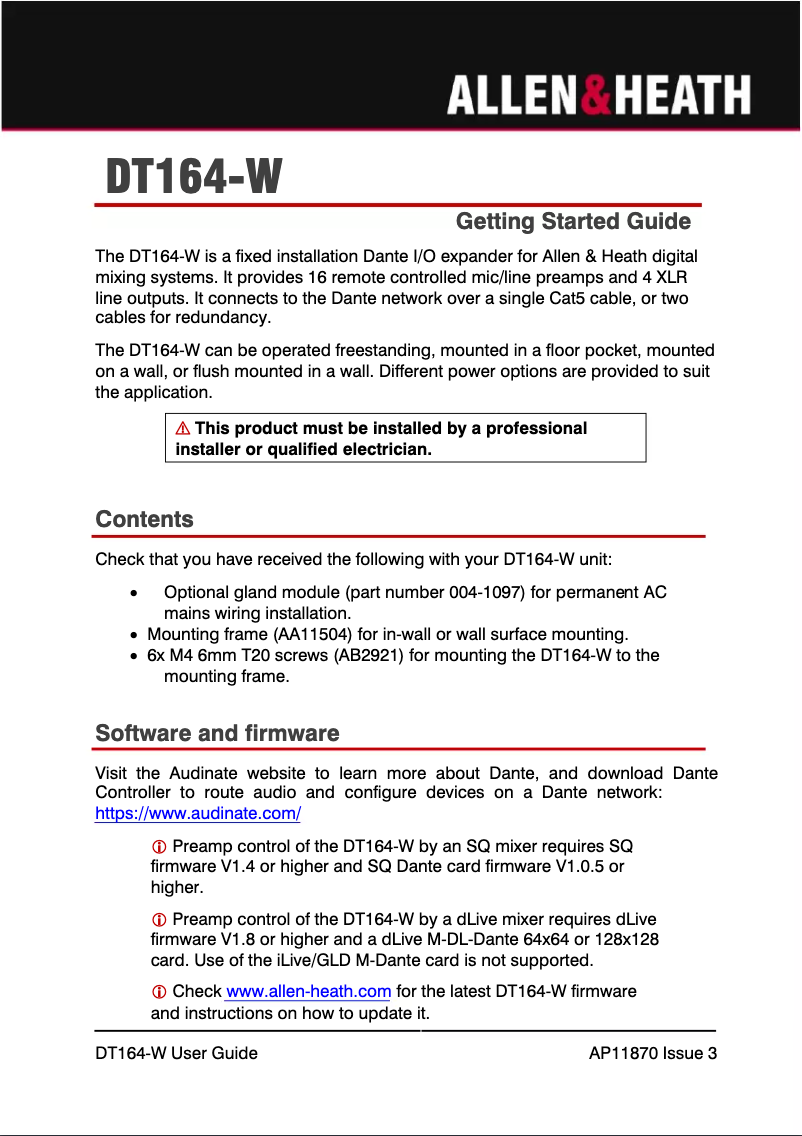 Page 1 de la notice Manuel utilisateur Allen & Heath DT164-W
